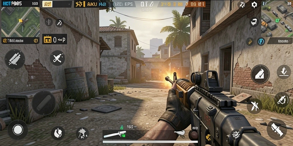 Tampilan gameplay HOT985 dengan aksi tembak-menembak yang intens.