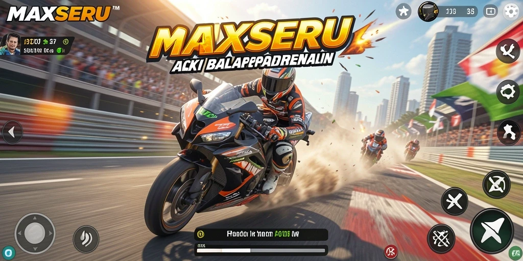 Screenshot gameplay MAXSERU menampilkan aksi balap motor yang mendebarkan.