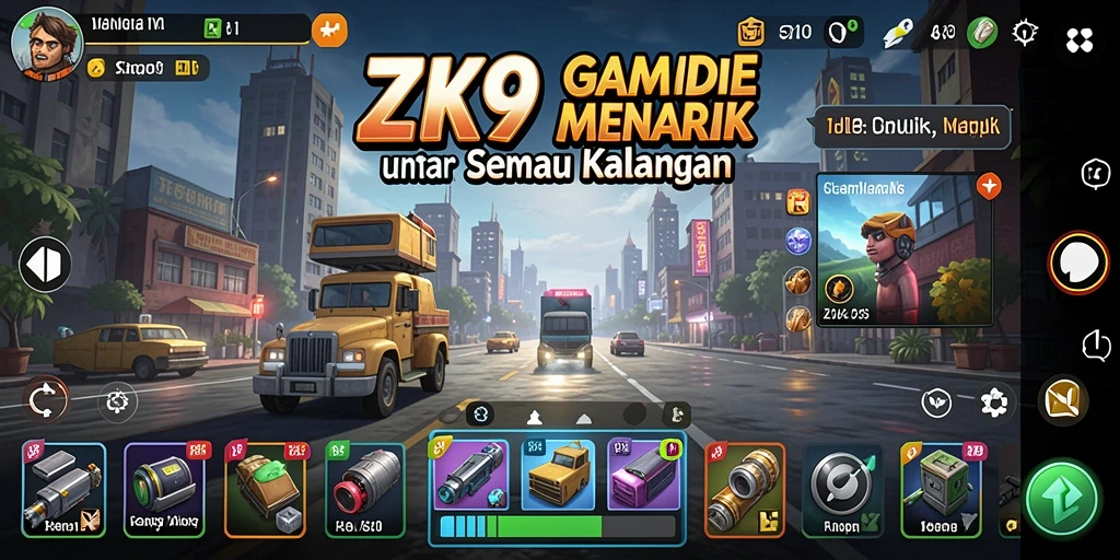 Tangkapan layar ZK9 menampilkan gameplay idle yang memikat dan karakter unik.